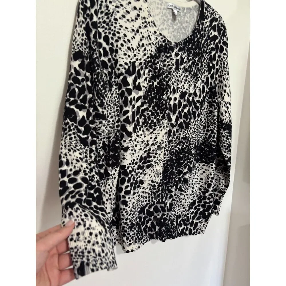 Croft&Barrow 1X Animal Print Cardigan Black White Button Front Whimsigoth Grunge